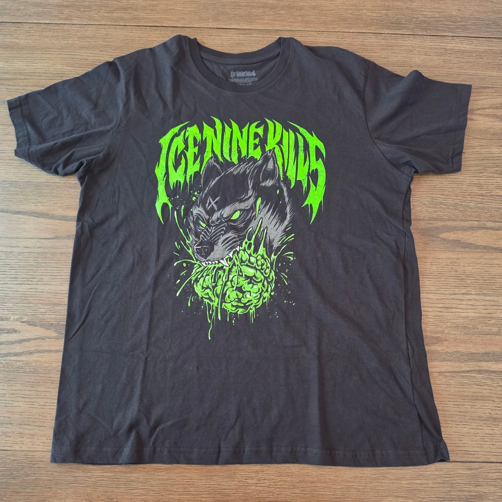 Ice Nine Kills Wolf Brain Graphic T-Shirt XL Black Neon Green Metalcore Band Tee